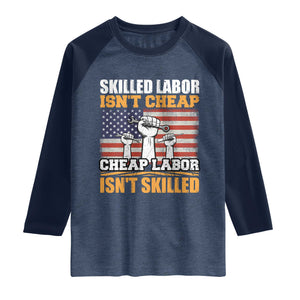 Skilled Labor Patriotic USA Flag Raglan Shirt Blue Collar Trade Union Hand Tools Pride Graphic TS02 Heather Denim Navy Print Your Wear