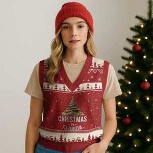 Xmas In Florida V-Neck Knit Sweater Vest Sand Xmas Tree Lights Family Vacation TS02 Red Beige Print Your Wear