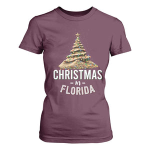 Christmas In Florida T Shirt For Women Sand Xmas Tree Lights Family Vacation TS02 Maroon Print Your Wear