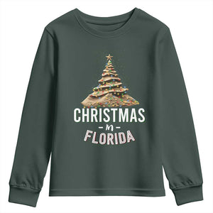 Christmas In Florida Youth Sweatshirt Sand Xmas Tree Lights Family Vacation TS02 Dark Forest Green Print Your Wear