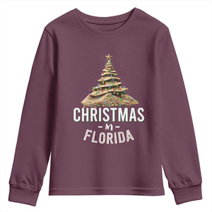 Christmas In Florida Youth Sweatshirt Sand Xmas Tree Lights Family Vacation TS02 Maroon Print Your Wear