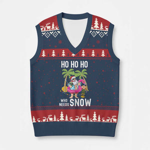 Tropical Beachy Xmas V-Neck Knit Sweater Vest Ho Ho Ho Who Needs Snow Santa Xmas In Hawaii Palm Tree TS02 Navy Red Print Your Wear