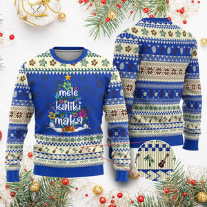 Tropical Hawaiian Xmas Ugly Christmas Sweater Mele Kalikimaka Palm Tree In Hawaii TS02 Blue Print Your Wear