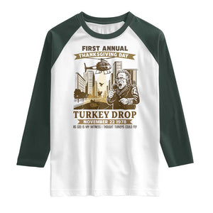 Vintage Thanksgiving Turkey Drop Raglan Shirt Funny 1978 Helicopter Scene Classic TV Moment TS02 White Dark Forest Green Print Your Wear