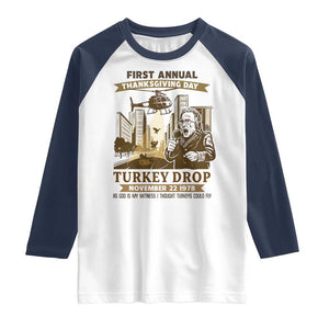 Vintage Thanksgiving Turkey Drop Raglan Shirt Funny 1978 Helicopter Scene Classic TV Moment TS02 White Navy Print Your Wear