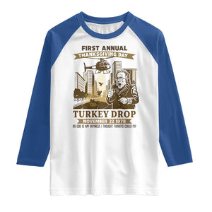Vintage Thanksgiving Turkey Drop Raglan Shirt Funny 1978 Helicopter Scene Classic TV Moment TS02 White Royal Print Your Wear
