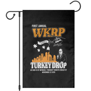 WKRP Turkey Drop with Les Nessman Garden Flag Retro Thanksgiving Humor for Classic TV Fans TS02 Black Print Your Wear