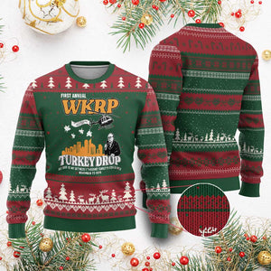 WKRP Turkey Drop with Les Nessman Ugly Christmas Sweater Retro Thanksgiving Humor for Classic TV Fans - Print Your Wear