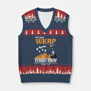 WKRP Turkey Drop with Les Nessman V-Neck Knit Sweater Vest Retro Thanksgiving Humor for Classic TV Fans TS02 Navy Red Print Your Wear