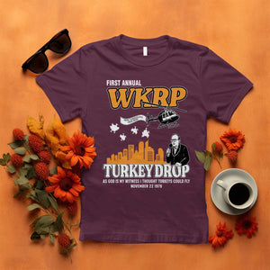 WKRP Turkey Drop with Les Nessman T Shirt Retro Thanksgiving Humor for Classic TV Fans TS02 Maroon Print Your Wear
