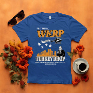 WKRP Turkey Drop with Les Nessman T Shirt Retro Thanksgiving Humor for Classic TV Fans TS02 Royal Blue Print Your Wear