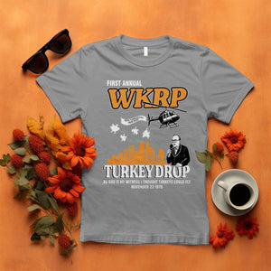 WKRP Turkey Drop with Les Nessman T Shirt Retro Thanksgiving Humor for Classic TV Fans TS02 Sport Gray Print Your Wear