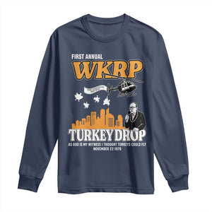 WKRP Turkey Drop with Les Nessman Long Sleeve Shirt Retro Thanksgiving Humor for Classic TV Fans TS02 Navy Print Your Wear