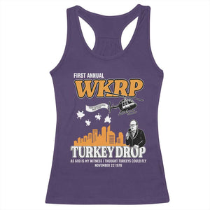 WKRP Turkey Drop with Les Nessman Racerback Tank Top Retro Thanksgiving Humor for Classic TV Fans TS02 Purple Print Your Wear