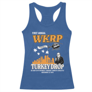 WKRP Turkey Drop with Les Nessman Racerback Tank Top Retro Thanksgiving Humor for Classic TV Fans TS02 Royal Blue Print Your Wear