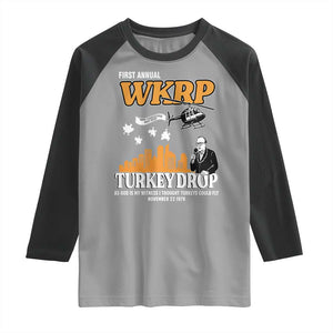 WKRP Turkey Drop with Les Nessman Raglan Shirt Retro Thanksgiving Humor for Classic TV Fans TS02 Sport Gray Black Print Your Wear