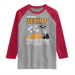 WKRP Turkey Drop with Les Nessman Raglan Shirt Retro Thanksgiving Humor for Classic TV Fans TS02 Sport Gray Red Print Your Wear