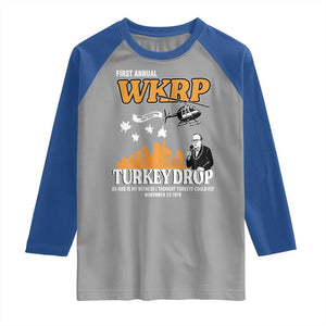 WKRP Turkey Drop with Les Nessman Raglan Shirt Retro Thanksgiving Humor for Classic TV Fans TS02 Sport Gray Royal Print Your Wear