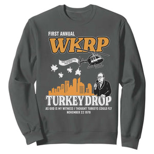 WKRP Turkey Drop with Les Nessman Sweatshirt Retro Thanksgiving Humor for Classic TV Fans TS02 Dark Heather Print Your Wear