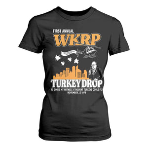 WKRP Turkey Drop with Les Nessman T Shirt For Women Retro Thanksgiving Humor for Classic TV Fans TS02 Black Print Your Wear