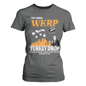 WKRP Turkey Drop with Les Nessman T Shirt For Women Retro Thanksgiving Humor for Classic TV Fans TS02 Dark Heather Print Your Wear