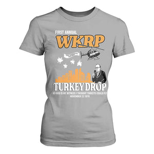 WKRP Turkey Drop with Les Nessman T Shirt For Women Retro Thanksgiving Humor for Classic TV Fans TS02 Sport Gray Print Your Wear
