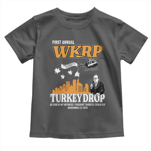 WKRP Turkey Drop with Les Nessman Toddler T Shirt Retro Thanksgiving Humor for Classic TV Fans TS02 Dark Heather Print Your Wear