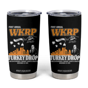 WKRP Turkey Drop with Les Nessman Tumbler Cup Retro Thanksgiving Humor for Classic TV Fans TS02 Black Print Your Wear