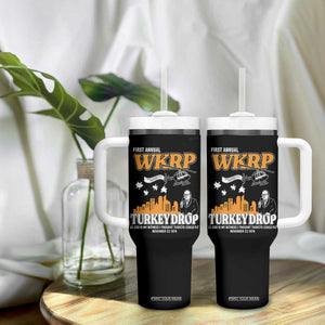 WKRP Turkey Drop with Les Nessman Tumbler With Handle Retro Thanksgiving Humor for Classic TV Fans TS02 Print Your Wear