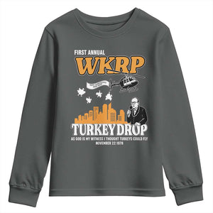 WKRP Turkey Drop with Les Nessman Youth Sweatshirt Retro Thanksgiving Humor for Classic TV Fans TS02 Dark Heather Print Your Wear