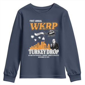 WKRP Turkey Drop with Les Nessman Youth Sweatshirt Retro Thanksgiving Humor for Classic TV Fans TS02 Navy Print Your Wear