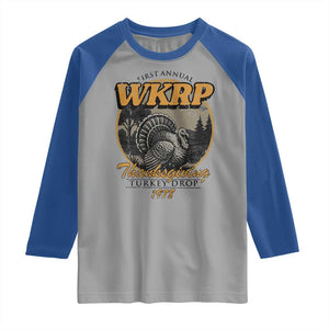 Retro WKRP Thanksgiving Turkey Drop 1978 Raglan Shirt Distressed Vintage Holiday TS02 Sport Gray Royal Print Your Wear