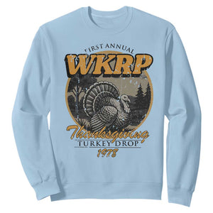 Retro WKRP Thanksgiving Turkey Drop 1978 Sweatshirt Distressed Vintage Holiday TS02 Light Blue Print Your Wear