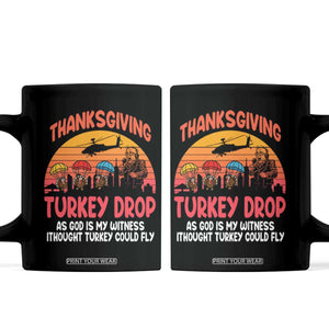 Retro Thanksgiving Turkey Drop Coffee Mug Parachuting Turkeys Funny 70s Parody TS02 Black Print Your Wear
