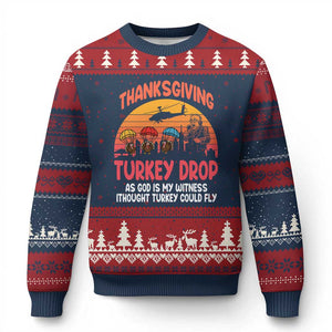 Retro Thanksgiving Turkey Drop Ugly Christmas Sweater Parachuting Turkeys Funny 70s Parody - Print Your Wear
