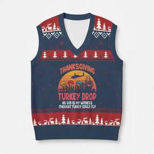 Retro Thanksgiving Turkey Drop V-Neck Knit Sweater Vest Parachuting Turkeys Funny 70s Parody TS02 Navy Red Print Your Wear