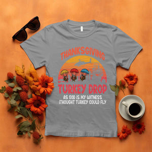 Retro Thanksgiving Turkey Drop T Shirt Parachuting Turkeys Funny 70s Parody TS02 Sport Gray Print Your Wear