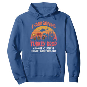 Retro Thanksgiving Turkey Drop Hoodie Parachuting Turkeys Funny 70s Parody TS02 Royal Blue Print Your Wear
