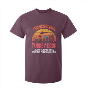 Retro Thanksgiving Turkey Drop T Shirt For Kid Parachuting Turkeys Funny 70s Parody TS02 Maroon Print Your Wear