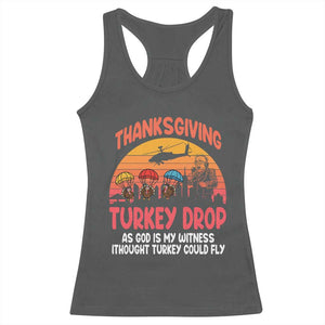 Retro Thanksgiving Turkey Drop Racerback Tank Top Parachuting Turkeys Funny 70s Parody TS02 Dark Heather Print Your Wear