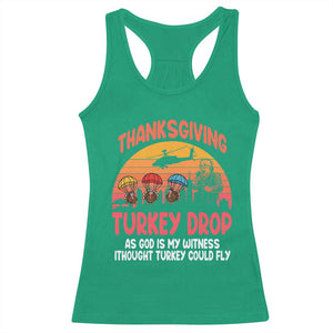 Retro Thanksgiving Turkey Drop Racerback Tank Top Parachuting Turkeys Funny 70s Parody TS02 Irish Green Print Your Wear