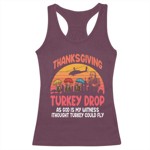 Retro Thanksgiving Turkey Drop Racerback Tank Top Parachuting Turkeys Funny 70s Parody TS02 Maroon Print Your Wear