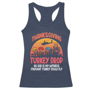 Retro Thanksgiving Turkey Drop Racerback Tank Top Parachuting Turkeys Funny 70s Parody TS02 Navy Print Your Wear
