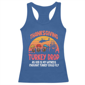 Retro Thanksgiving Turkey Drop Racerback Tank Top Parachuting Turkeys Funny 70s Parody TS02 Royal Blue Print Your Wear