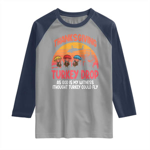 Retro Thanksgiving Turkey Drop Raglan Shirt Parachuting Turkeys Funny 70s Parody TS02 Sport Gray Navy Print Your Wear