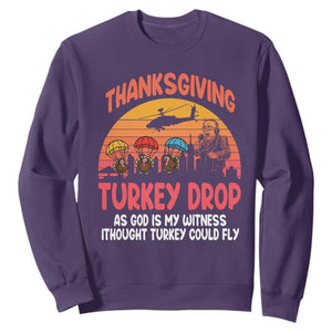 Retro Thanksgiving Turkey Drop Sweatshirt Parachuting Turkeys Funny 70s Parody TS02 Purple Print Your Wear