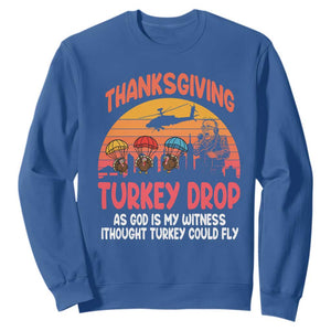 Retro Thanksgiving Turkey Drop Sweatshirt Parachuting Turkeys Funny 70s Parody TS02 Royal Blue Print Your Wear