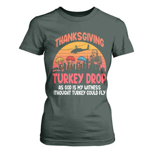 Retro Thanksgiving Turkey Drop T Shirt For Women Parachuting Turkeys Funny 70s Parody TS02 Dark Forest Green Print Your Wear