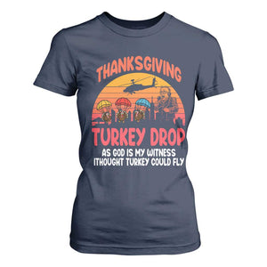 Retro Thanksgiving Turkey Drop T Shirt For Women Parachuting Turkeys Funny 70s Parody TS02 Navy Print Your Wear