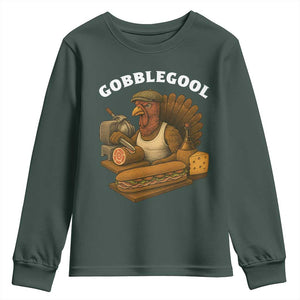 Gobblegool Funny Thanksgiving Youth Sweatshirt Italian Turkey Deli Humor Sub Sandwich TS02 Dark Forest Green Print Your Wear